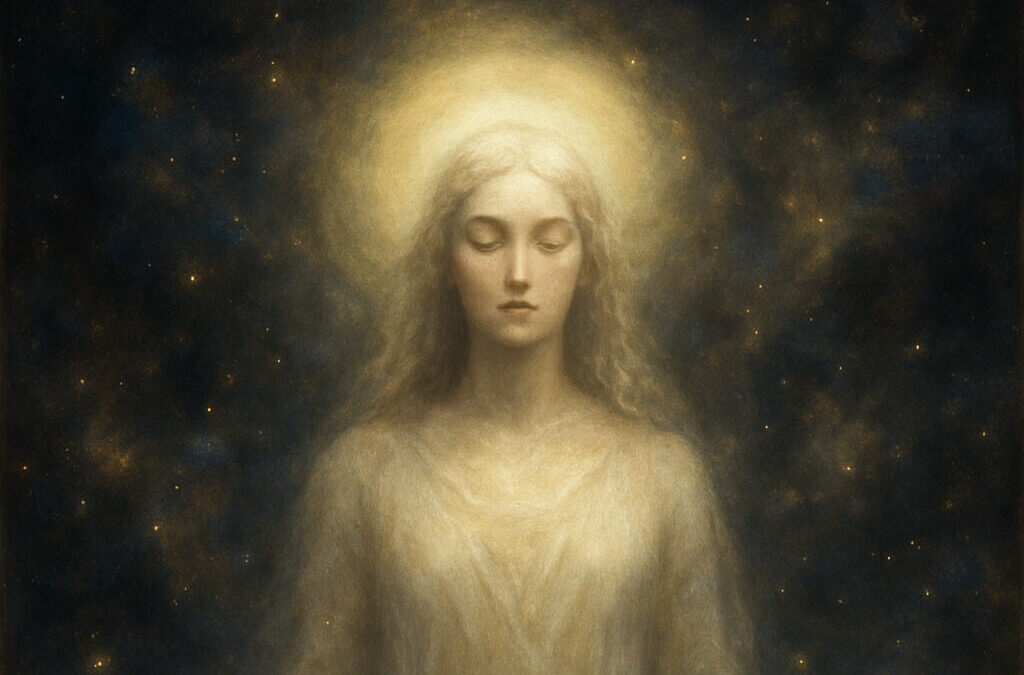 「沈黙の女神（The Silent Goddess）」の絵画を生成してお見せします。 そのために、次の点を確認させてください👇 スタイル：リアルで荘厳（絵画的） 女神の表情：中性的で穏やか 背景：宇宙・星雲・銀河 光：白金〜淡金の柔らかな輝き