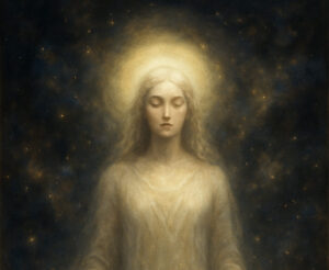 「沈黙の女神（The Silent Goddess）」の絵画を生成してお見せします。 そのために、次の点を確認させてください👇 スタイル：リアルで荘厳（絵画的） 女神の表情：中性的で穏やか 背景：宇宙・星雲・銀河 光：白金〜淡金の柔らかな輝き